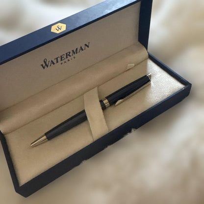 Waterman black ballpoint pen made of metal with a sleek finish and included protective case
