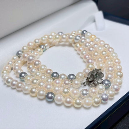 Akoya pearl genuine long necklace with 6.4mm white pearls and silver clasp, approximately 85cm long
