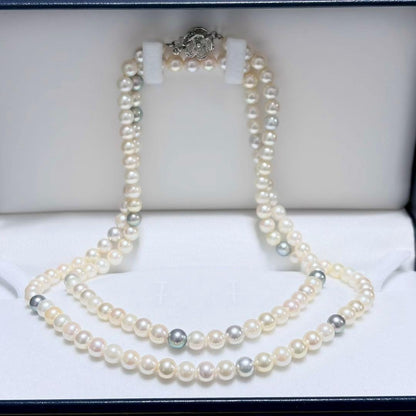 Akoya pearl genuine long necklace with 6.4mm white pearls and silver clasp, approximately 85cm long