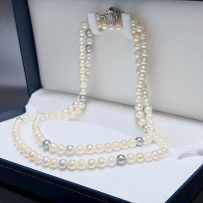 Akoya pearl genuine long necklace with 6.4mm white pearls and silver clasp, approximately 85cm long