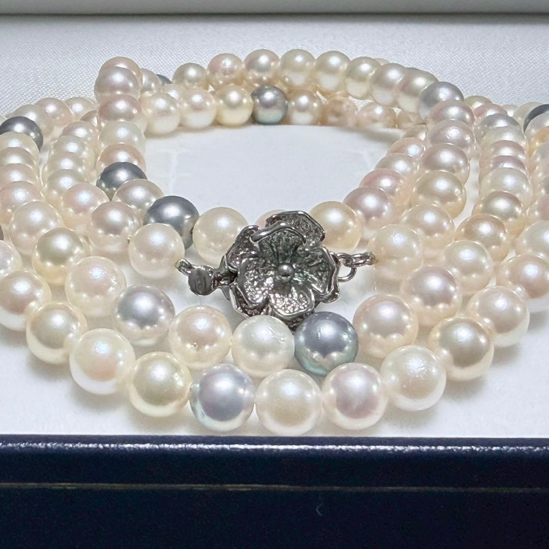Akoya pearl genuine long necklace with 6.4mm white pearls and silver clasp, approximately 85cm long