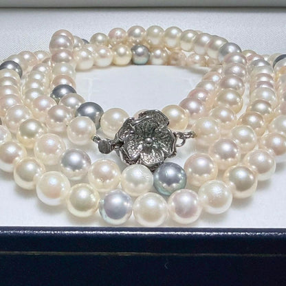 Akoya pearl genuine long necklace with 6.4mm white pearls and silver clasp, approximately 85cm long