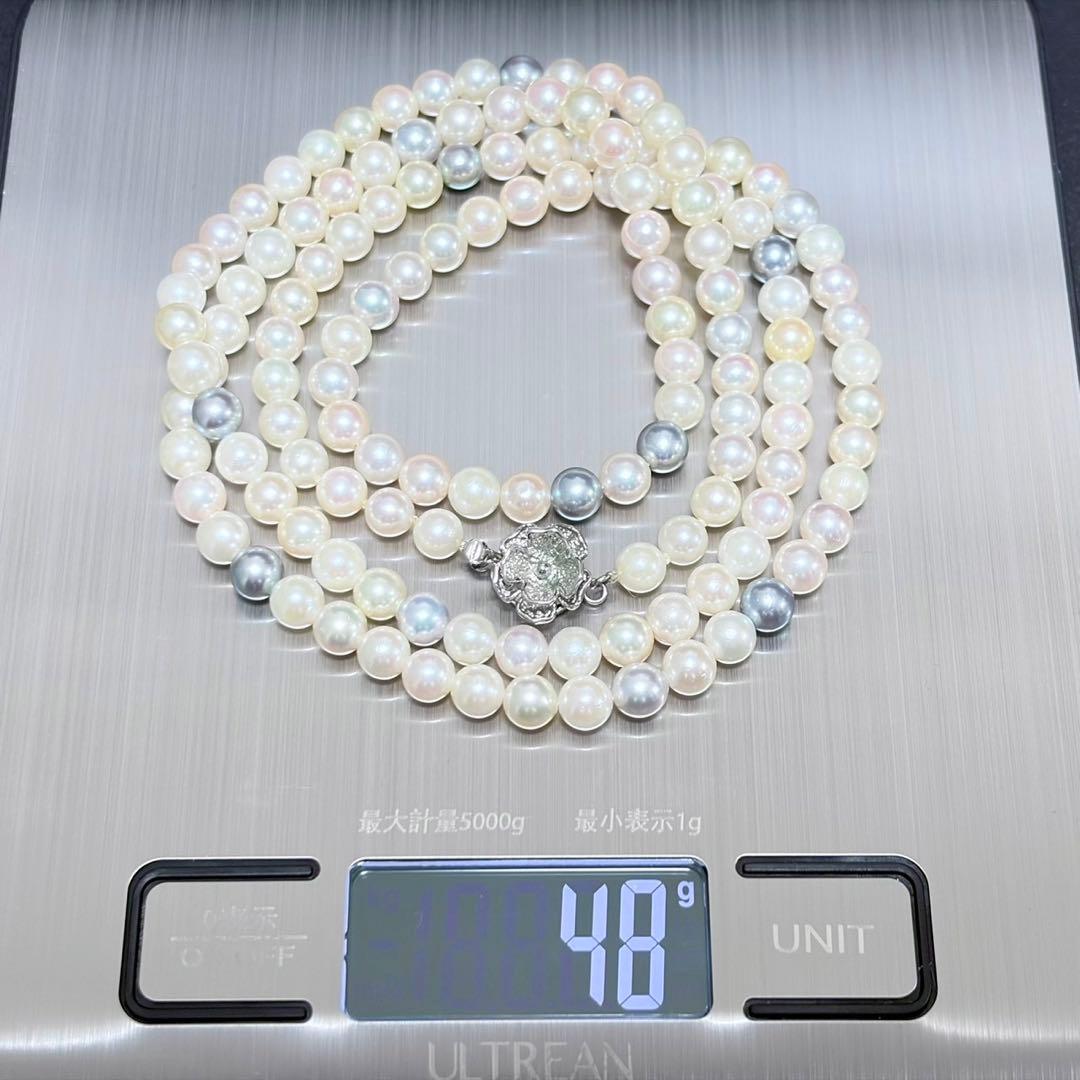 Akoya pearl genuine long necklace with 6.4mm white pearls and silver clasp, approximately 85cm long