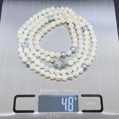 Akoya pearl genuine long necklace with 6.4mm white pearls and silver clasp, approximately 85cm long