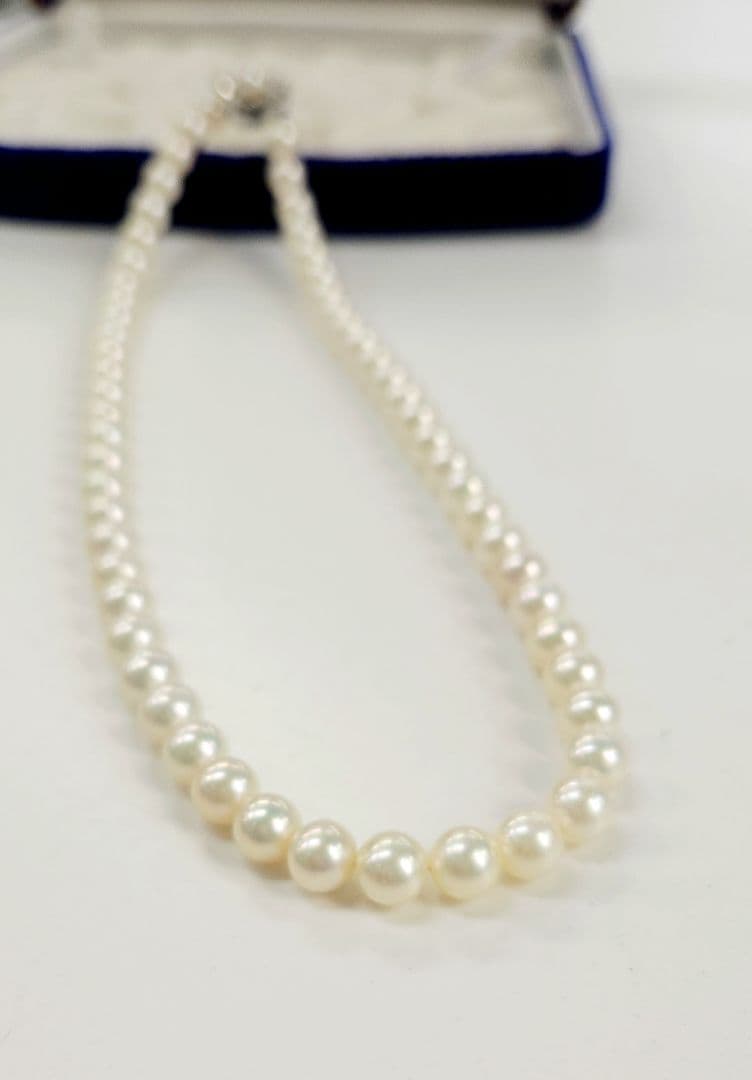 Akoya Pearl Necklace featuring 7 mm white pearl beads, 42 cm length, laid out on a white background