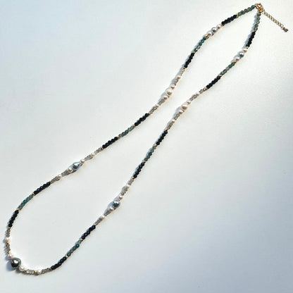 Black butterfly pearl long necklace with Tahitian and Akoya pearls and colorful gemstones on silver gold-plated chain