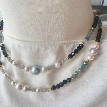 Black butterfly pearl long necklace with Tahitian and Akoya pearls and colorful gemstones on silver gold-plated chain