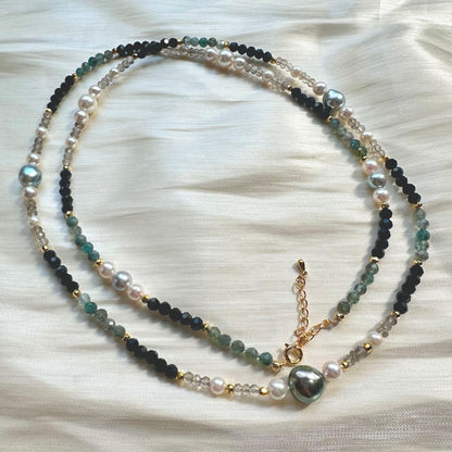 Black butterfly pearl long necklace with Tahitian and Akoya pearls and colorful gemstones on silver gold-plated chain