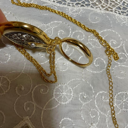 MIKIMOTO Pearl Filigree Pattern Pendant Top Gold Necklace with magnifying glass and 41 cm chain