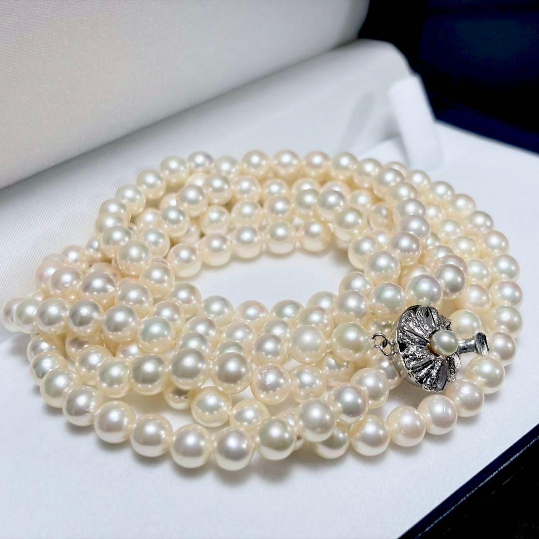 Honmon Pearl Akoya white pearl long necklace 6.6-6.9mm pearls with silver fastener, 127cm length