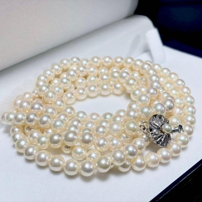 Honmon Pearl Akoya white pearl long necklace 6.6-6.9mm pearls with silver fastener, 127cm length