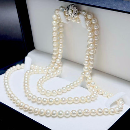 Honmon Pearl Akoya white pearl long necklace 6.6-6.9mm pearls with silver fastener, 127cm length