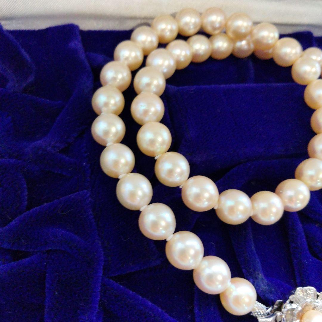 Akoya pearl necklace and matching earrings set with white pearls and silver clasp on a white background