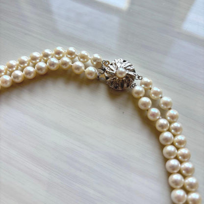 Honmono Pearls two-strand necklace featuring 6mm round white pearls on a 42.5 cm length strand