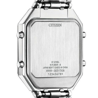 Citizen JG2120-65A men's wristwatch with white liquid crystal dial and silver stainless steel sliding band