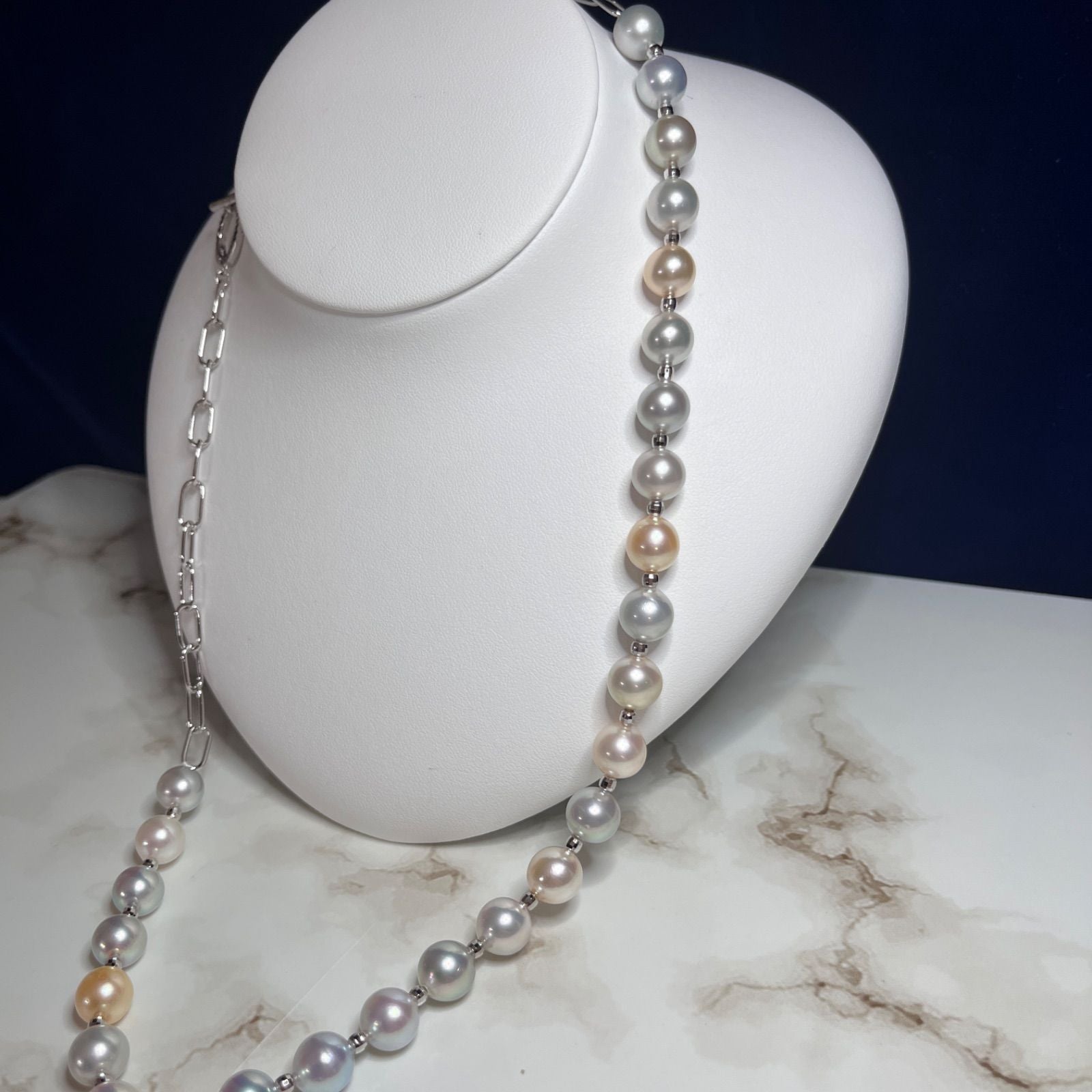 Akoya genuine pearl multi-design necklace with 9mm pearls and silver findings, 53cm length