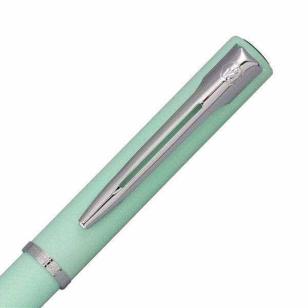 WATERMAN Allure Pastel Green ball pen with chrome trim, 137mm length, shown against white background