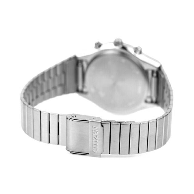 Citizen Record Label Watch Men AT2541-54A with white dial, silver stainless steel band, and chronograph
