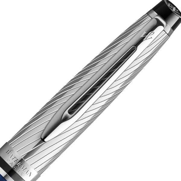 Wateman Expert Deluxe Metallic Blue ballpoint pen with brass body and stainless steel cap shown from side view