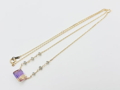 Agate K10YG gold necklace with amethyst and labradorite gemstones, two-tone bicolor design, 45 cm chain