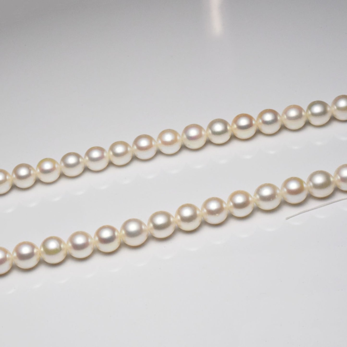 Akoya pearl necklace with 7.5-8mm pearls measuring 42cm in length on a white background