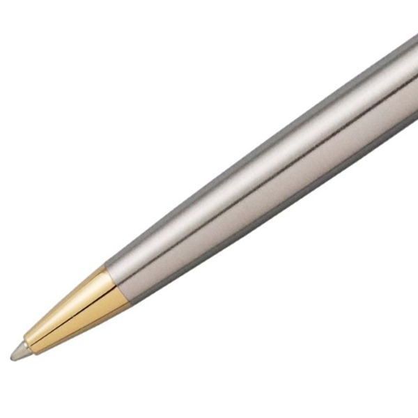 Waterman Metropolitan Essential oil-based ballpoint pen with stainless steel body and gold-plated clip on white background