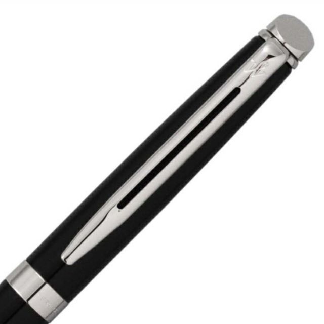 Waterman Metropolitan Essential Black CT ballpoint pen with chrome trim shown on white background