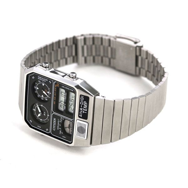 Citizen Record Label ANA-DIGI TEMP watch model JG2101-78E with black LCD dial and silver stainless steel band