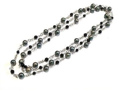 Akoya pearl blue black and onyx station long necklace with 7-7.5mm pearls, 120cm length, brass crab hook clasp