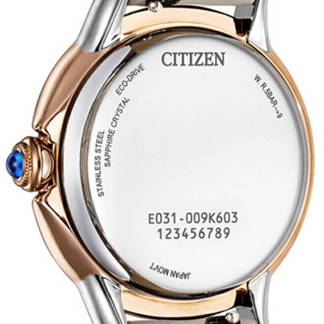 Citizen L ladies watch EM1166-01Z with gray dial, pink gold stainless steel case, and gray synthetic leather band