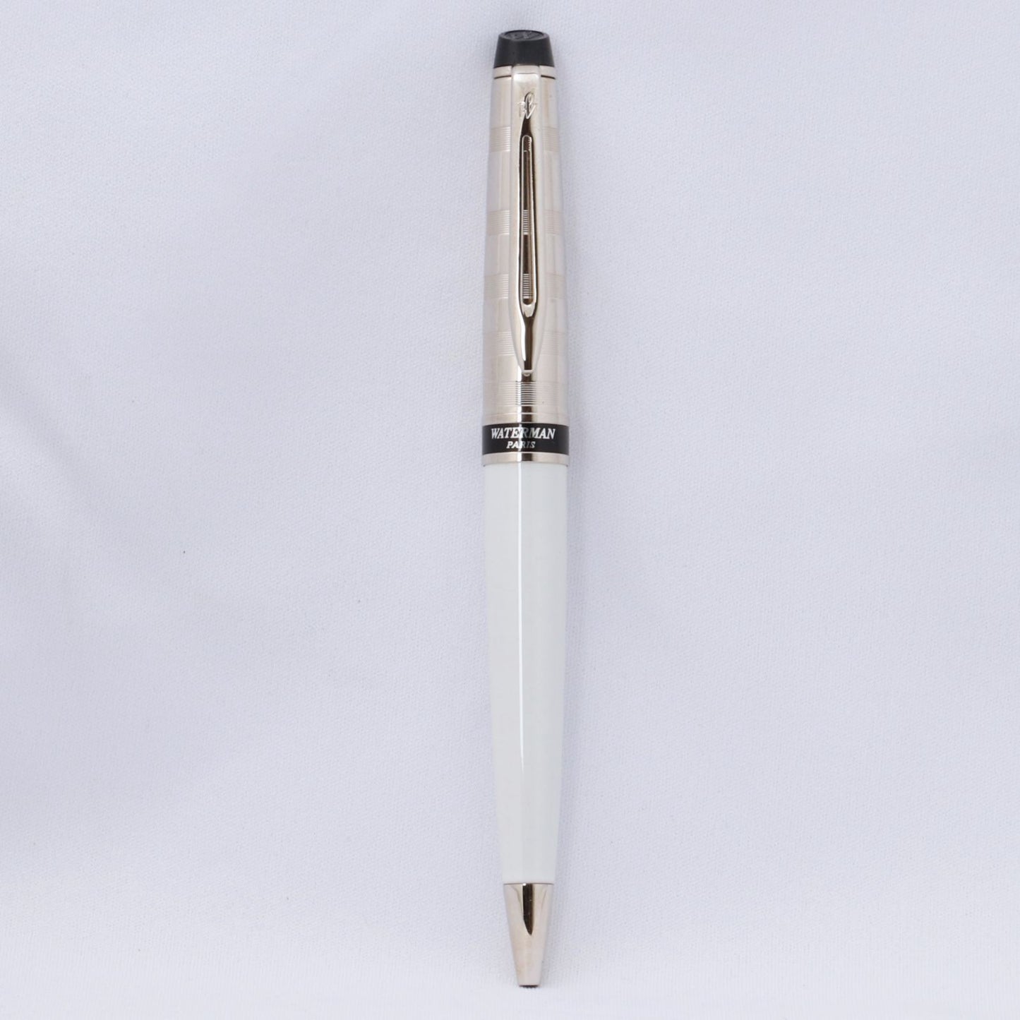 Waterman Expert Deluxe White CT Ballpoint Pen with silver trim shown on white background