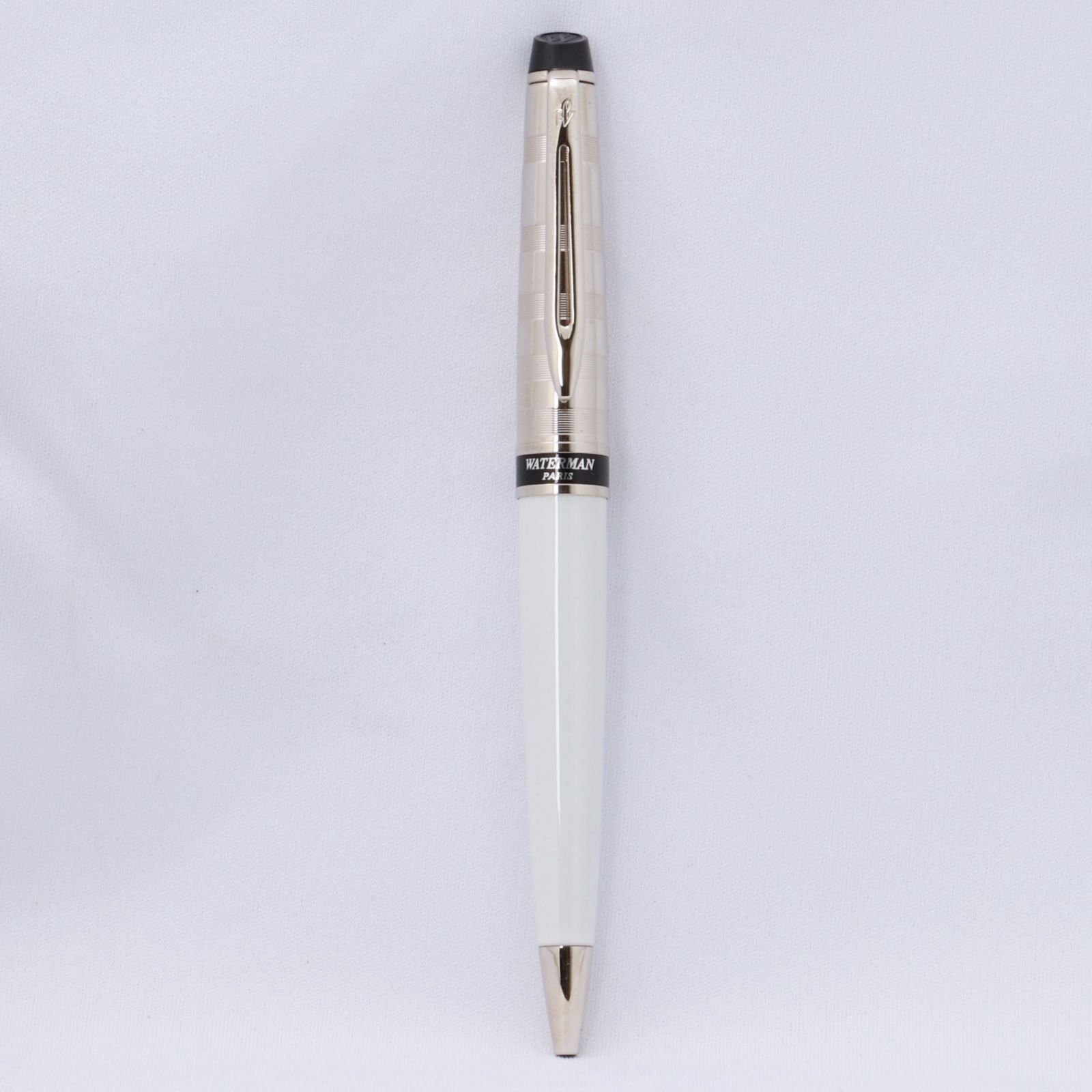 Waterman Expert Deluxe White CT Ballpoint Pen with silver trim shown on white background