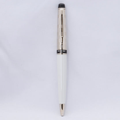 Waterman Expert Deluxe White CT Ballpoint Pen with silver trim shown on white background