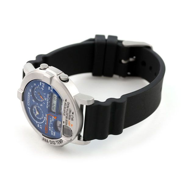 Citizen Ana-Digi Temp 44mm watch with blue dial, black urethane band, stainless steel case, and LCD display