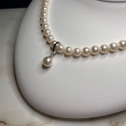 Akoya genuine pearl necklace with 6.0-6.5mm white blue pearls and silver clasp, 42cm length