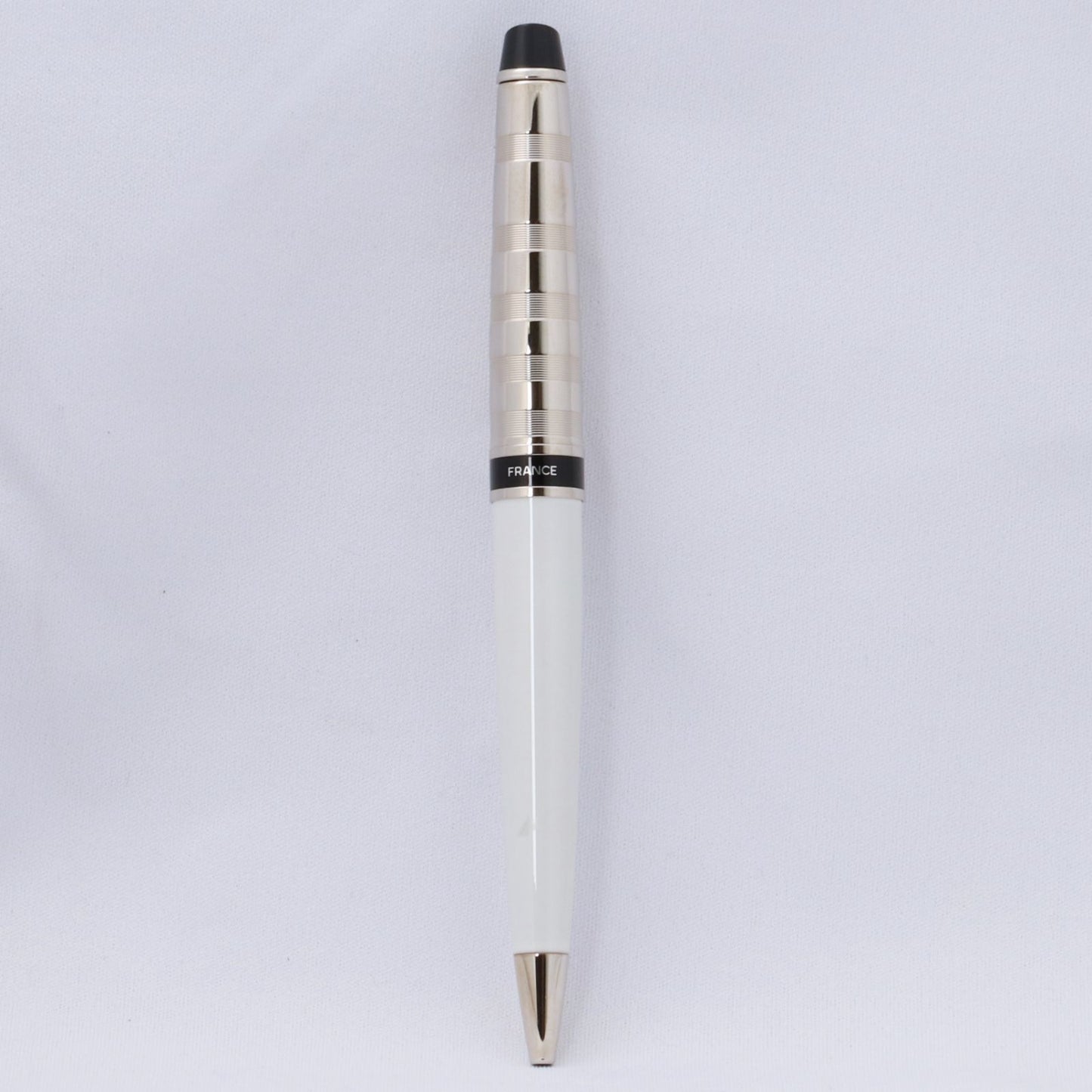 Waterman Expert Deluxe White CT Ballpoint Pen with silver trim shown on white background