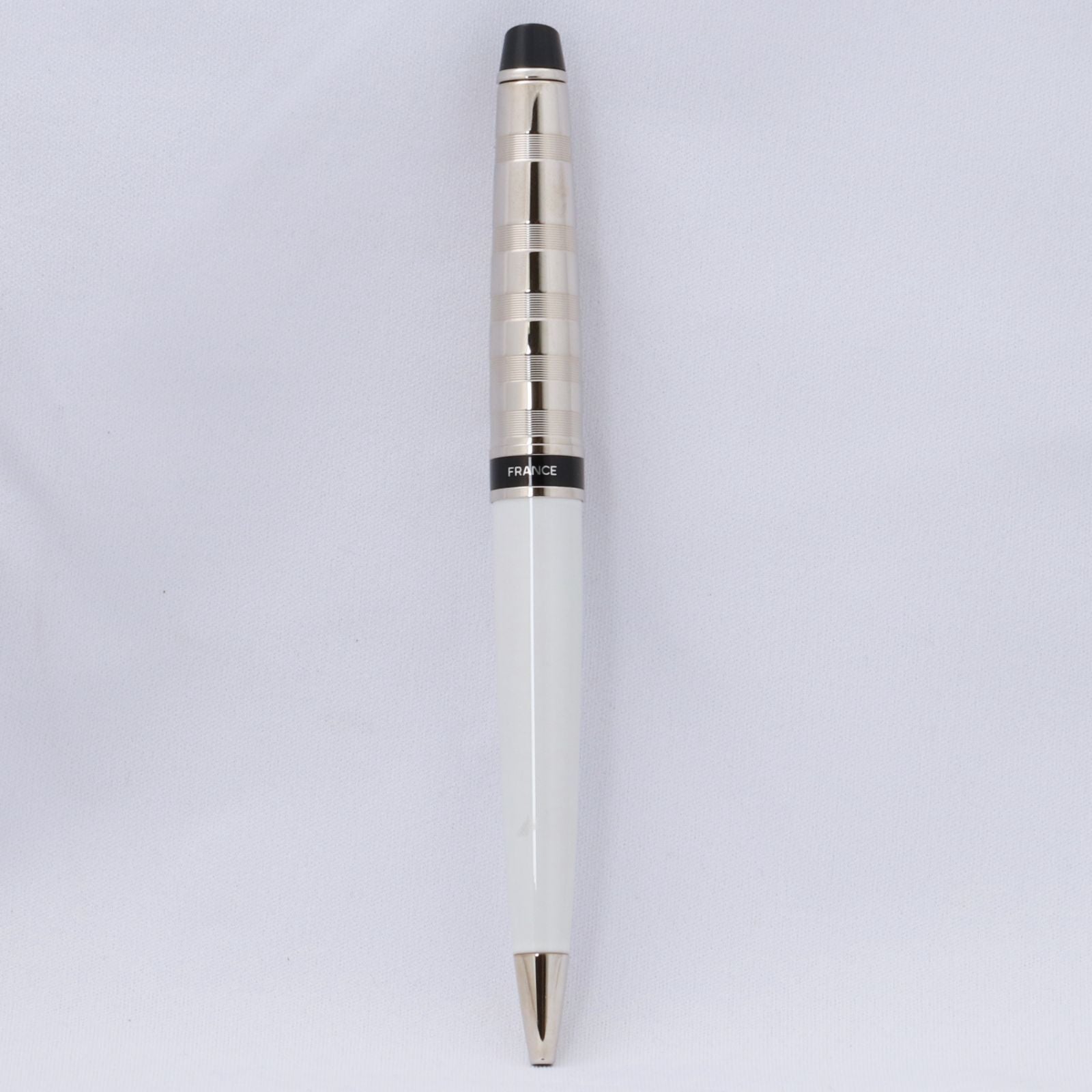 Waterman Expert Deluxe White CT Ballpoint Pen with silver trim shown on white background
