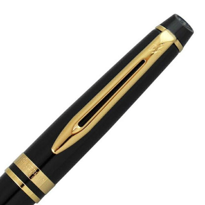 Waterman Expert Essential Black GT Ballpoint Pen with gold trim, 142mm length, shown on white background