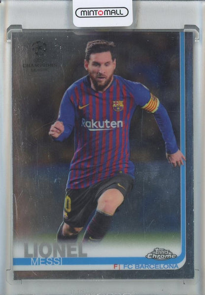 2018-19 Topps Chrome UEFA Champions League trading card featuring Lionel Messi from FC Barcelona with serial number