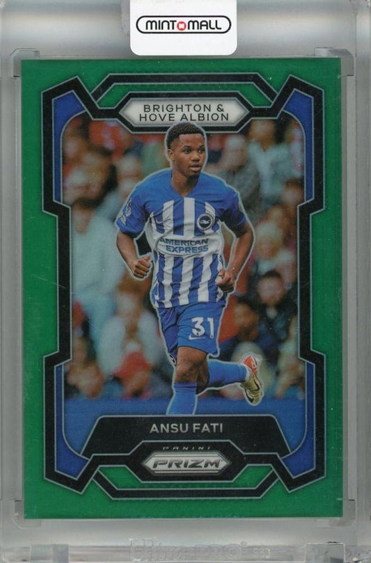 2023-24 Panini Prizm Premier League Ansu Fati Green Prizm trading card numbered 1003 out of 5 featuring Brighton & Hove Albion
