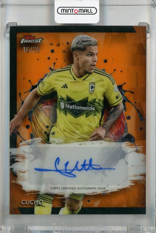 2024 Topps Finest MLS trading card of Cucho Hernandez with orange refractor and autograph serial numbered 16 out of 25