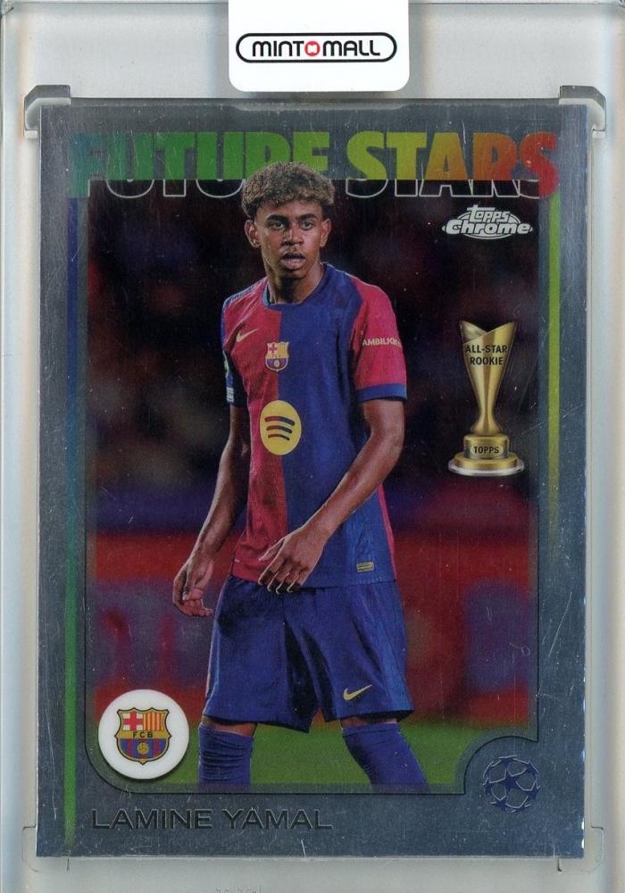 2024-25 Topps Chrome UEFA Club Competitions trading card featuring Lamine Yamal #27 from FC Barcelona