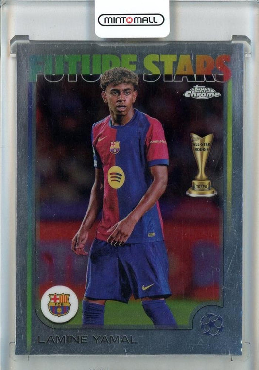 2024-25 Topps Chrome UEFA Club Competitions trading card featuring Lamine Yamal #27 of FC Barcelona