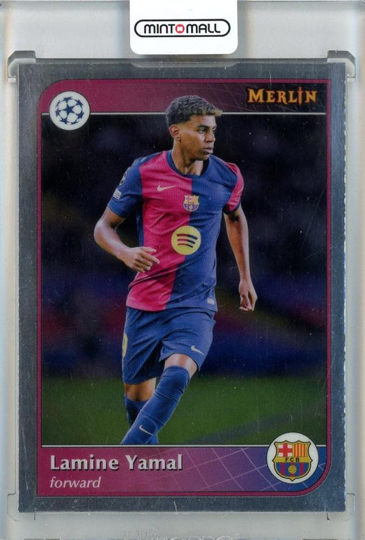 2024-25 Merlin UEFA Club Competitions Lamine Yamal Mini Diamond #19 trading card featuring FC Barcelona
