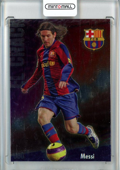 2008-09 Mundicromo Lionel Messi soccer card showing FC Barcelona player with minor stain on back