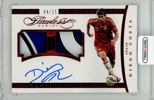 2016 Panini Flawless Diego Costa Momentous autographed Ruby Parallel on card numbered 4 of 15 from Spain