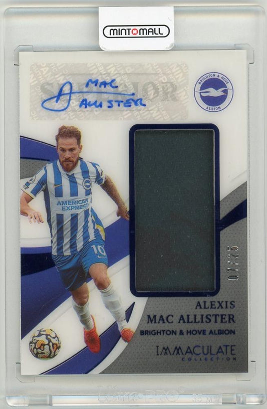 2021 Panini Immaculate Alexis Mac Allister Superior Swatch Signatures Sapphire card numbered 7 of 25
