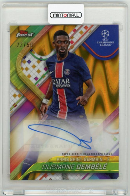 2024-25 Topps Finest UEFA Club Competition Ousmane Dembele Autographs Gold Wave Refractor card numbered 23 of 50