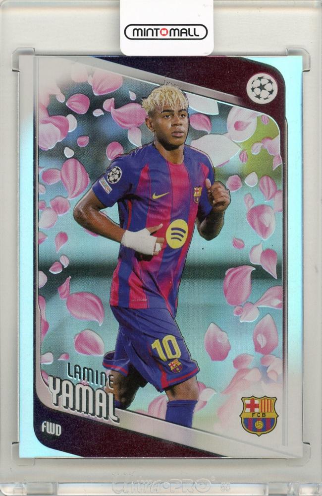 2025-26 Topps UEFA Japan Edition soccer card featuring Lamine Yamal in FC Barcelona Cherry Blossom design