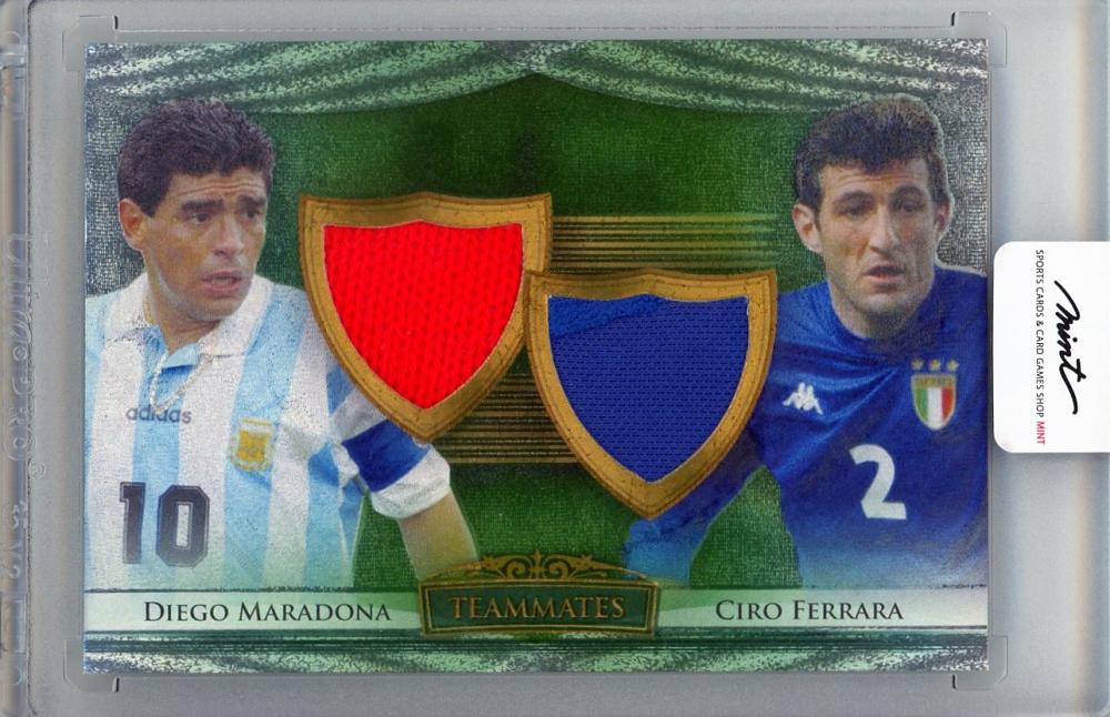 2014 Futera World Football unique patch showing Diego Maradona and Ciro Ferrara teammates Argentina and Italy